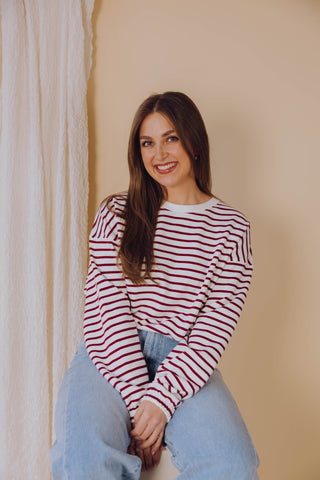 Striped Sweater with Elastic Hems - Rhubarb