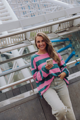 Elina Sweater - Zeegroen/Roze